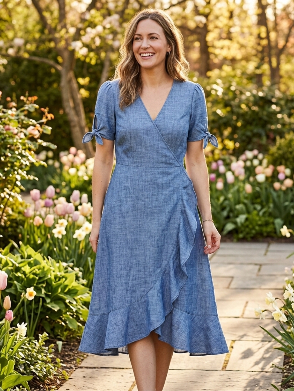 NEW J. Crew Chambray Blue Tie-Sleeve Wrap Midi Dress Size 12 100% Cotton
